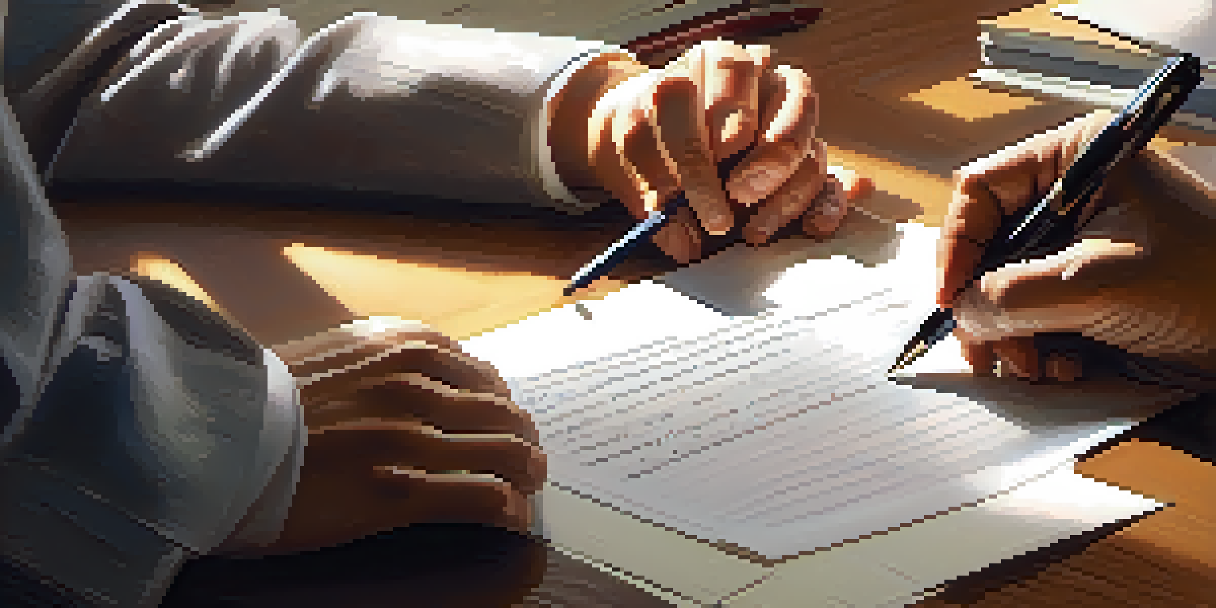 A hand signing a written contract on a wooden desk with a pen and calculator nearby.