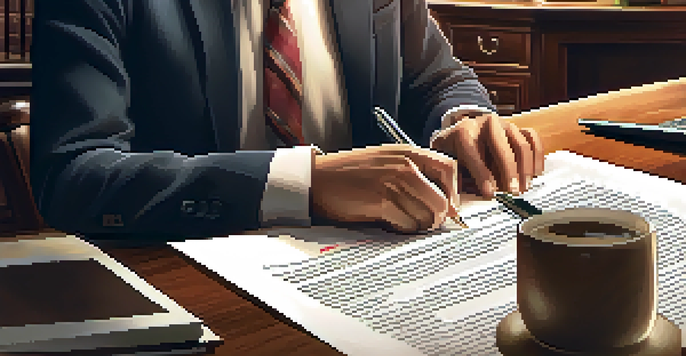 A person closely examining a real estate document with a magnifying glass, surrounded by a laptop and warm lighting in a home office.