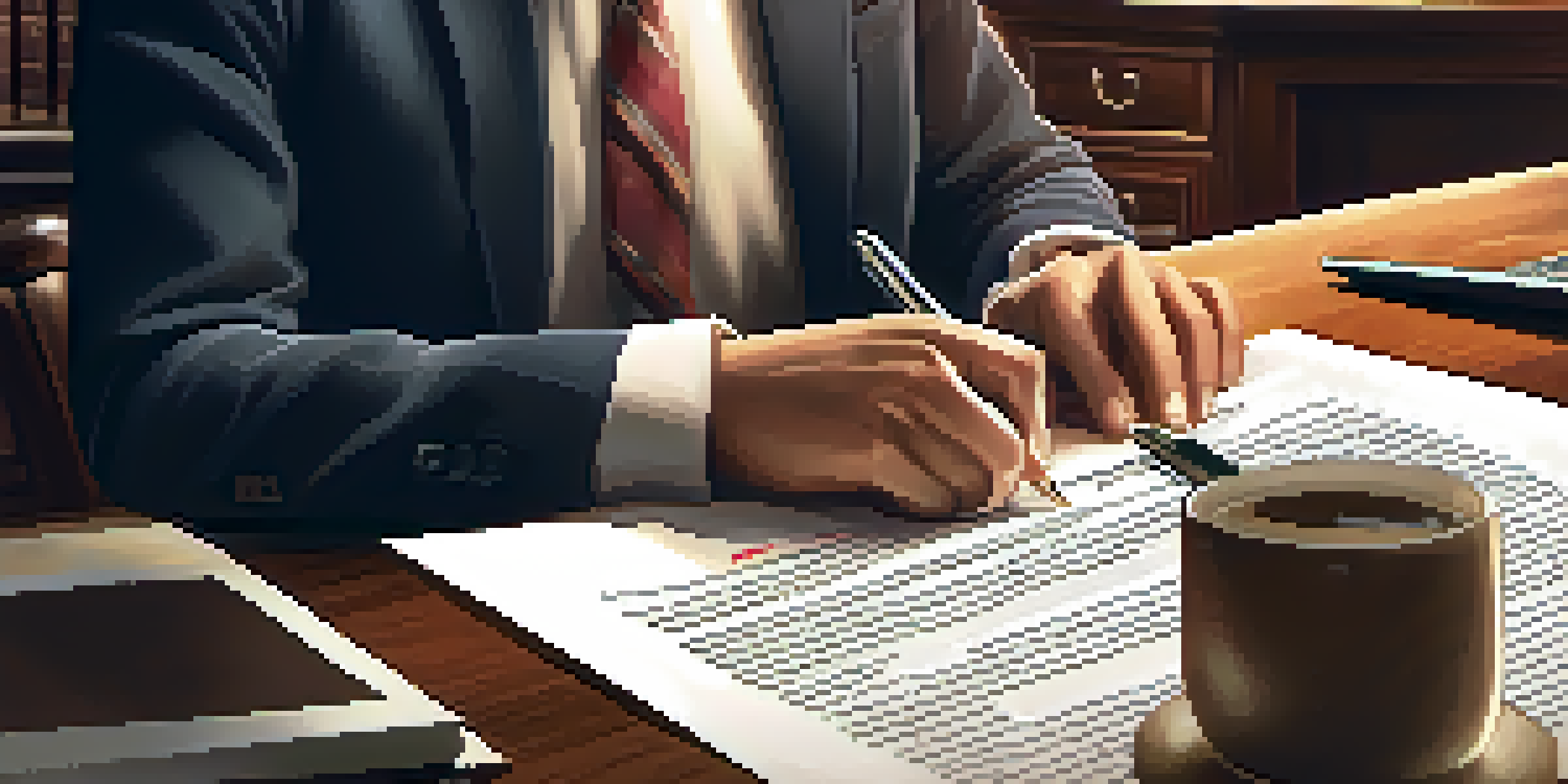 A person closely examining a real estate document with a magnifying glass, surrounded by a laptop and warm lighting in a home office.