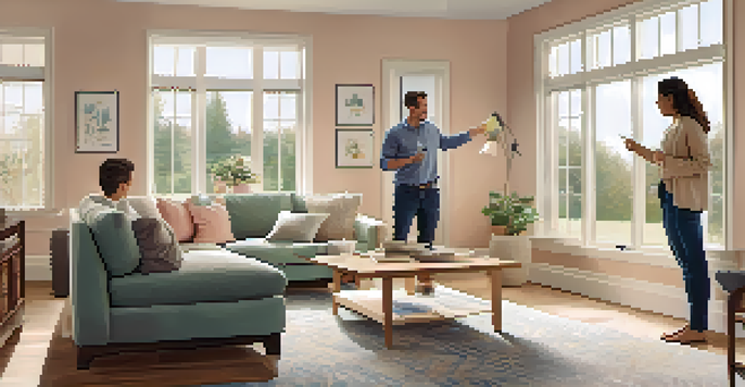 A bright living room with modern furniture and a contractor discussing renovation plans with a homeowner.