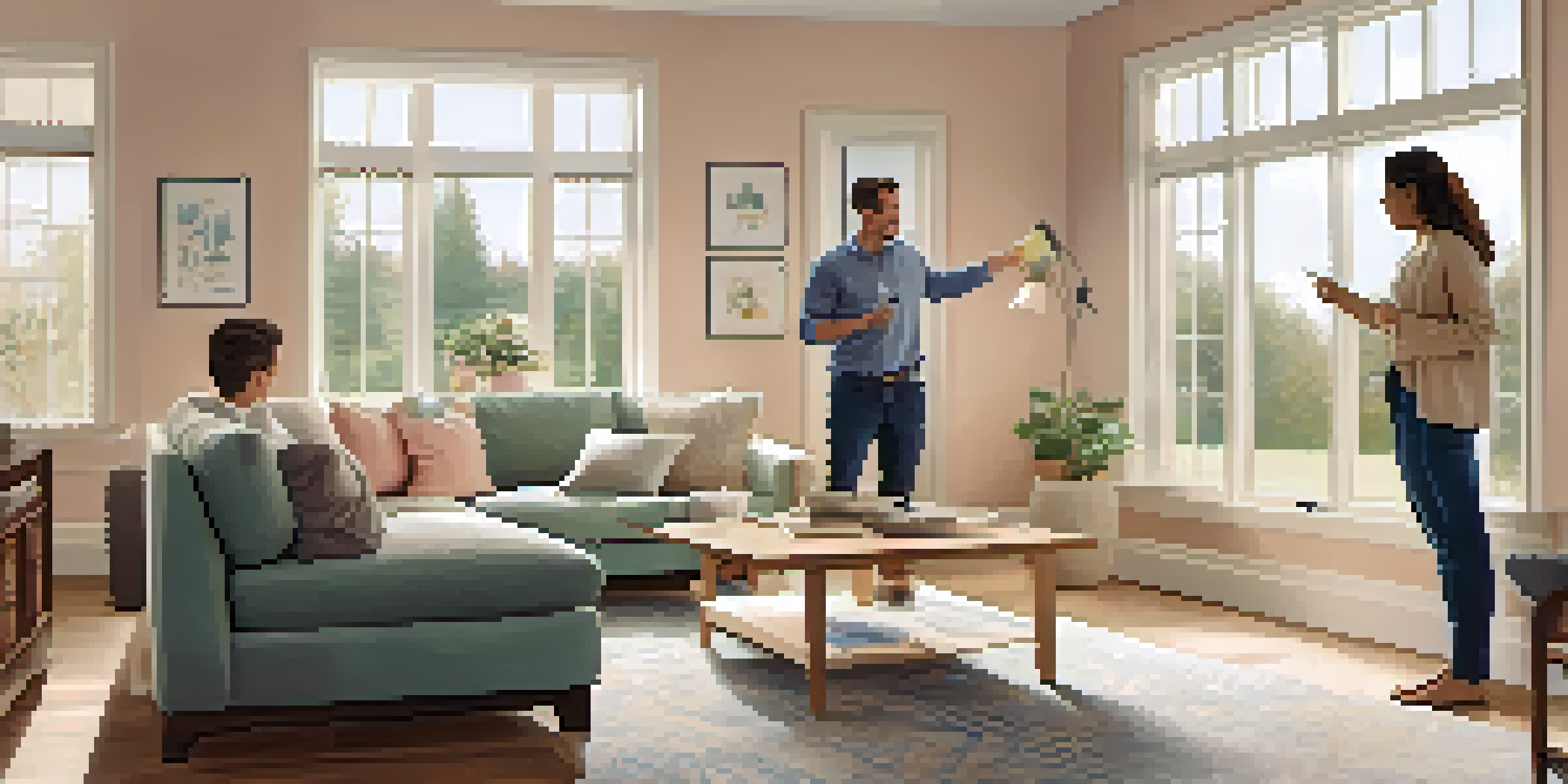 A bright living room with modern furniture and a contractor discussing renovation plans with a homeowner.