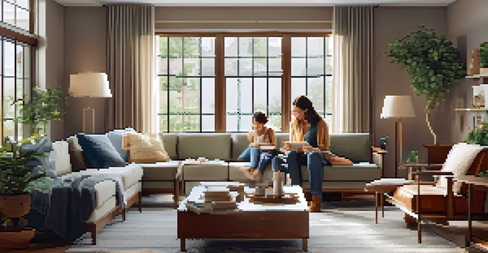 A cozy multi-generational living room with a family gathered together, featuring modern and traditional furniture, large windows, and warm colors.