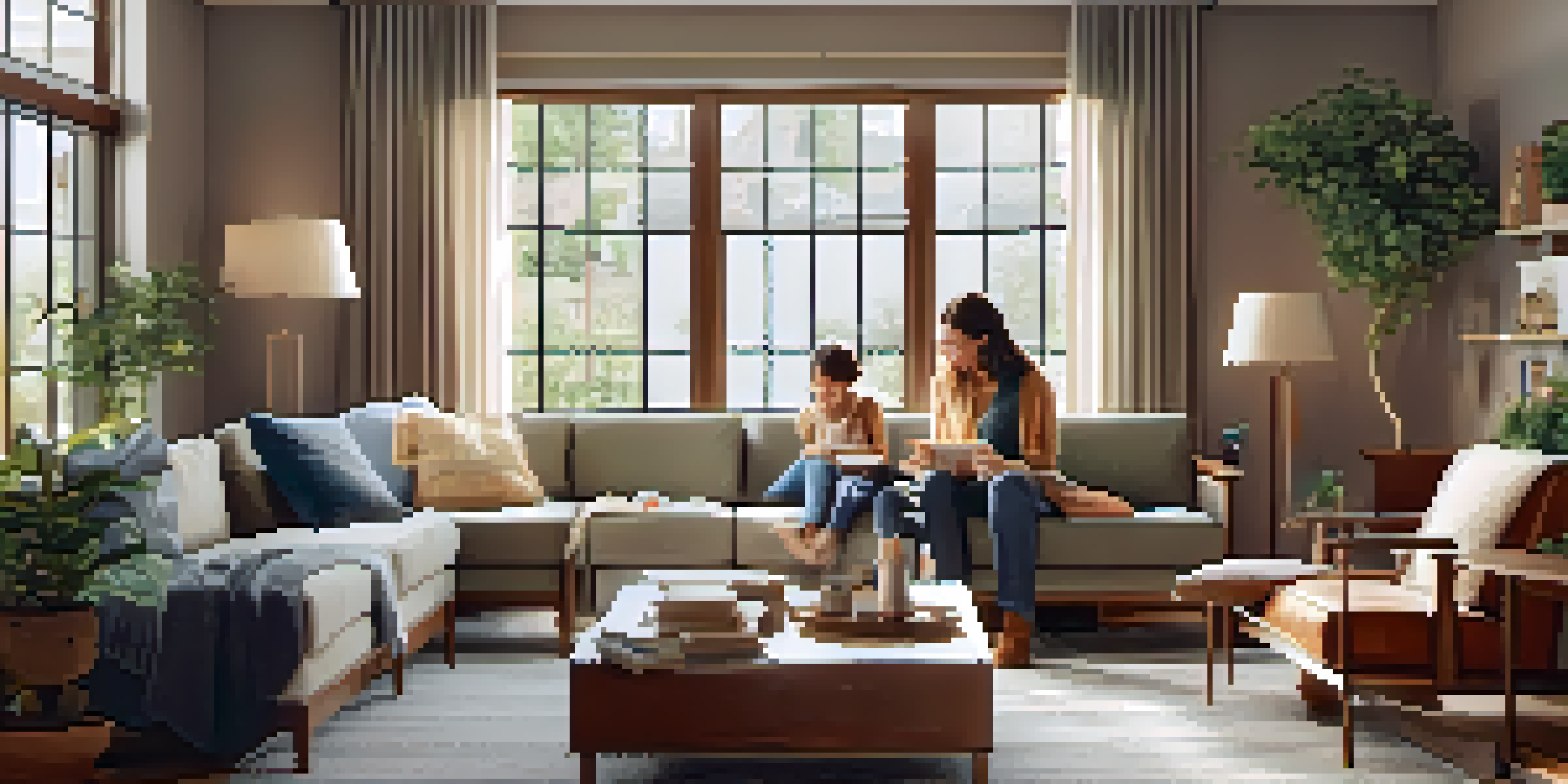 A cozy multi-generational living room with a family gathered together, featuring modern and traditional furniture, large windows, and warm colors.