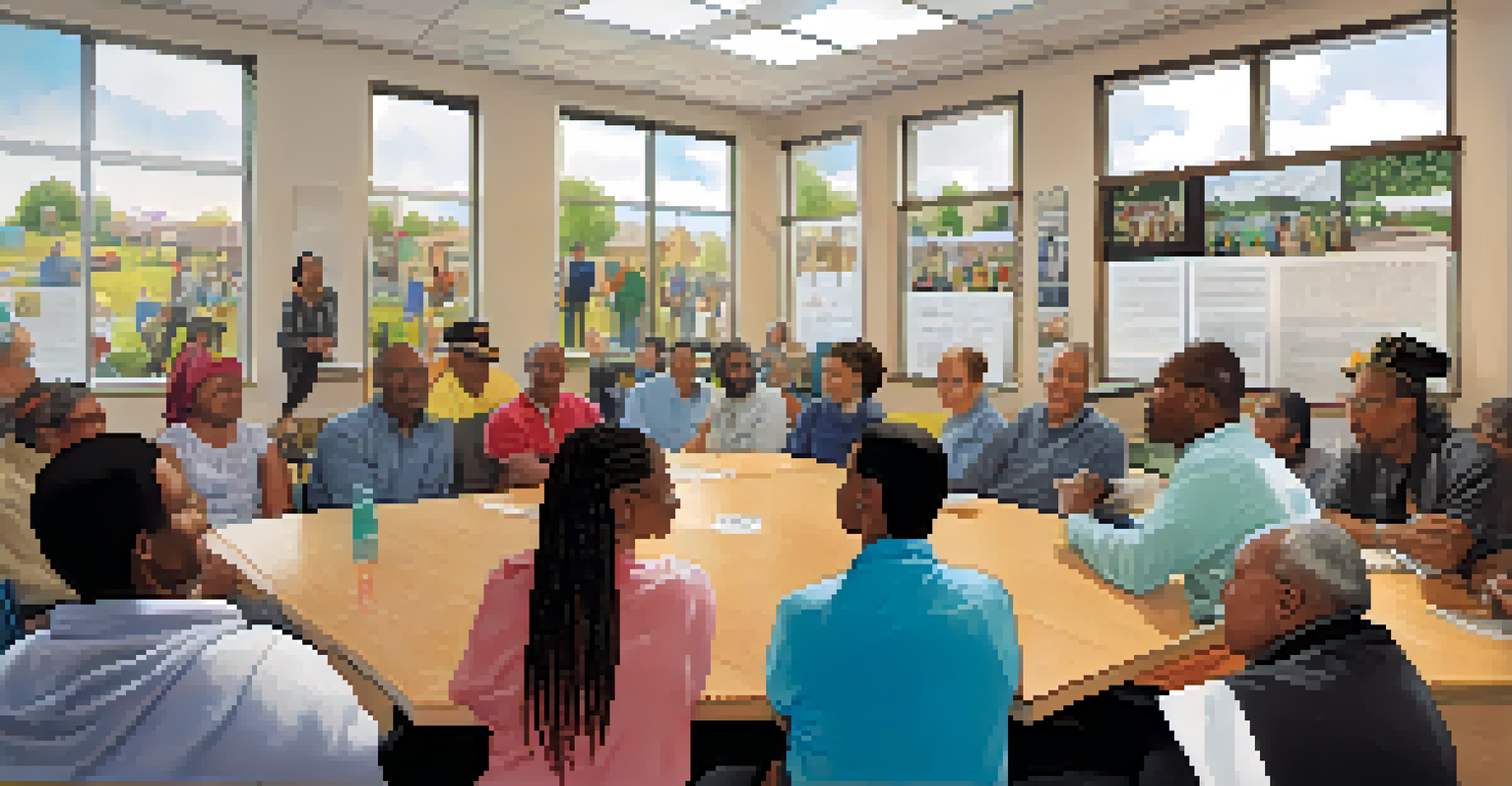 A diverse group of residents in a community center discussing revitalization plans, with posters on the walls and natural light streaming in.