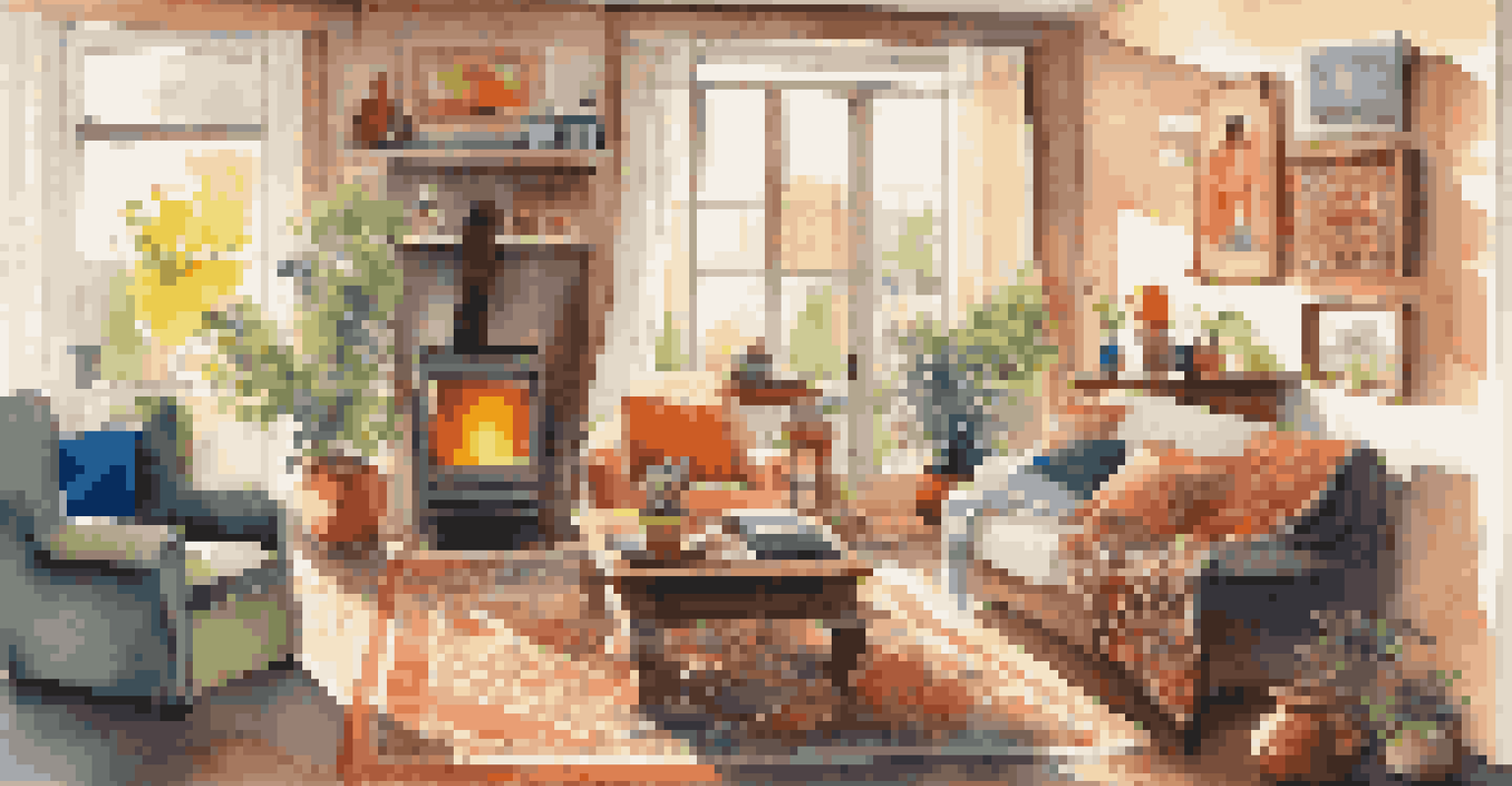 A cozy living room with multicultural decor and a multilingual real estate brochure on the table.