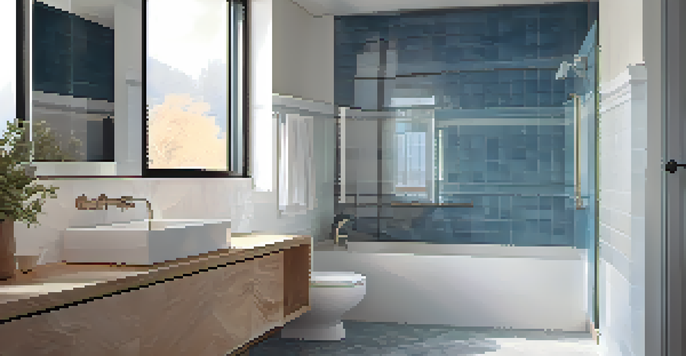 A modern bathroom designed for accessibility, featuring grab bars and non-slip flooring, illuminated by soft natural light.