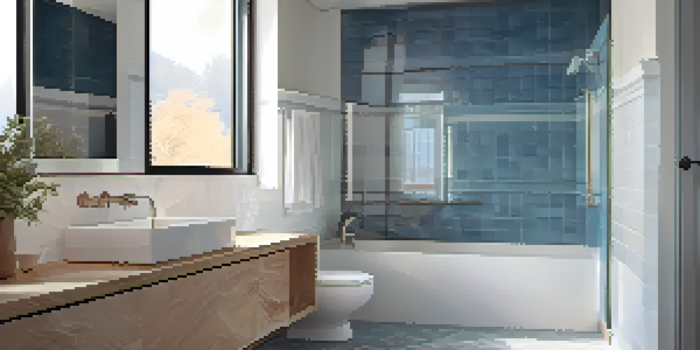 A modern bathroom designed for accessibility, featuring grab bars and non-slip flooring, illuminated by soft natural light.