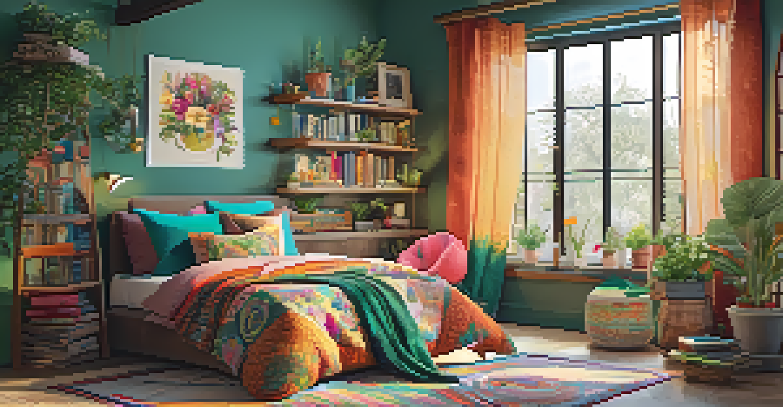 A bohemian-style bedroom with colorful textiles, a tapestry, a cozy reading nook, and potted plants.