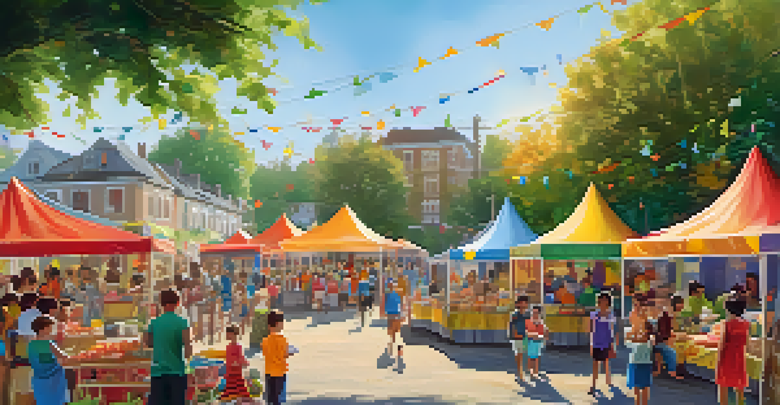 A lively neighborhood festival with colorful tents, local vendors, and families enjoying games and food in a cheerful atmosphere.
