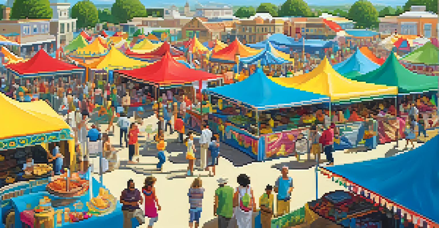 A lively outdoor community festival with colorful tents and diverse participants enjoying food and crafts.