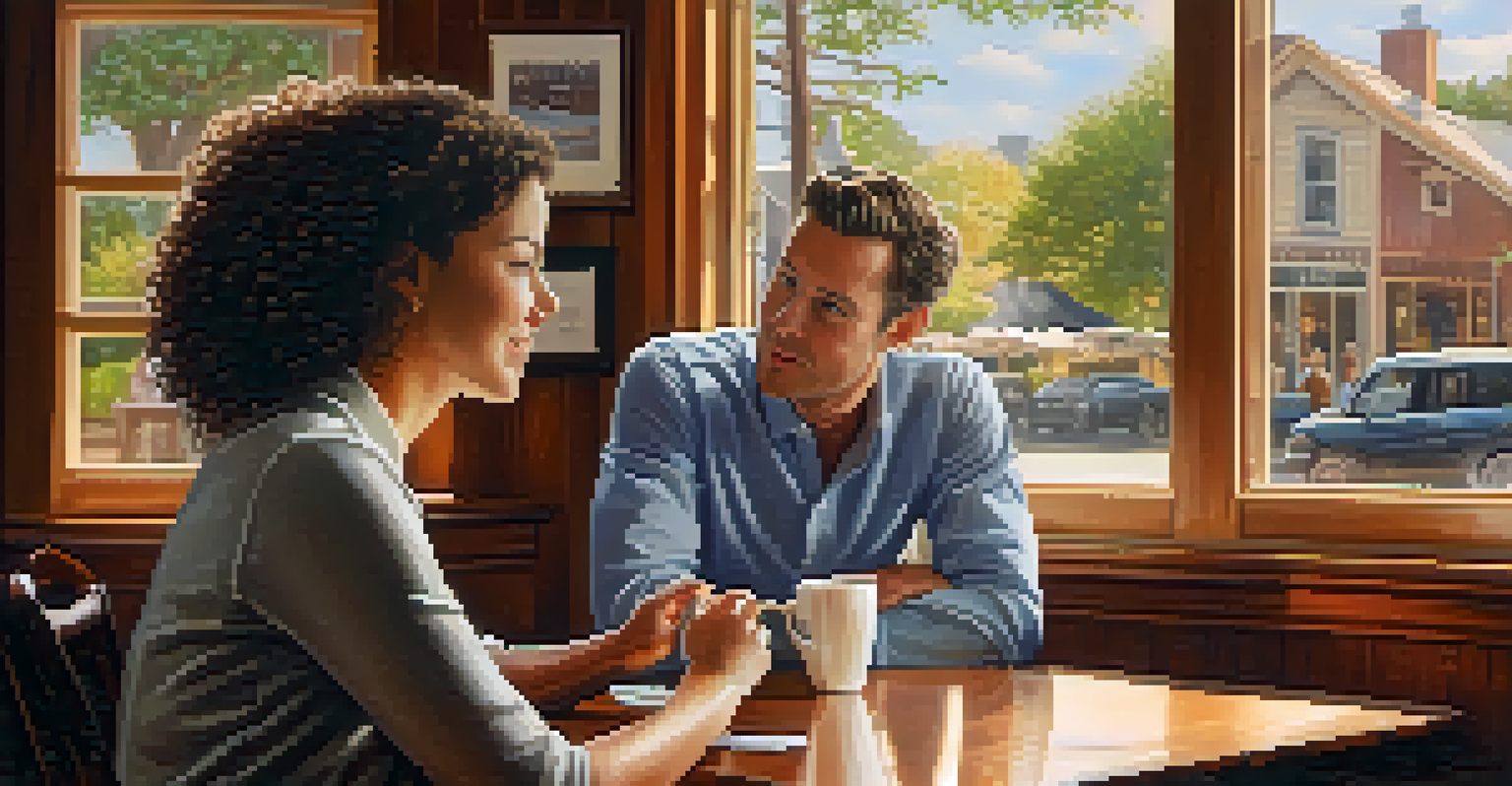 A local real estate agent talking to a couple in a coffee shop, with warm lighting and inviting decor.