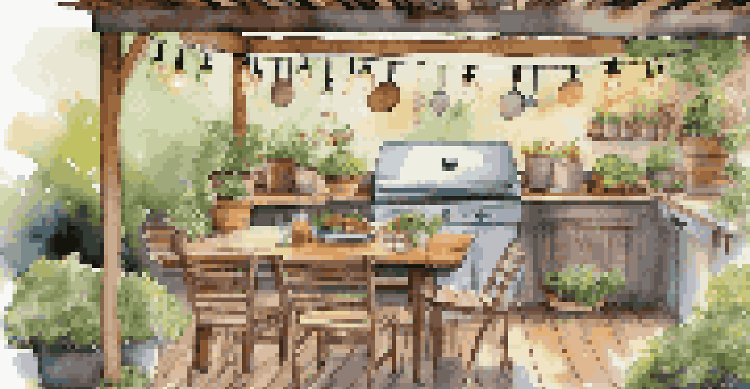 A charming outdoor cooking area featuring a built-in grill, a rustic countertop, and a dining table set with colorful dishes, illuminated by string lights.