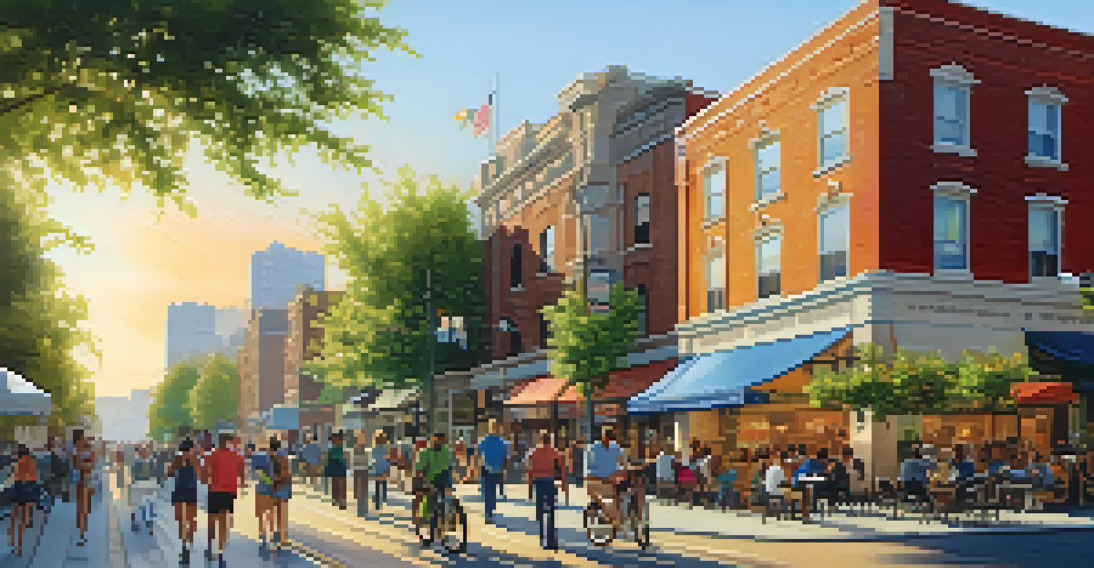 A vibrant urban street filled with shops, cafes, and people enjoying the lively atmosphere during sunset.