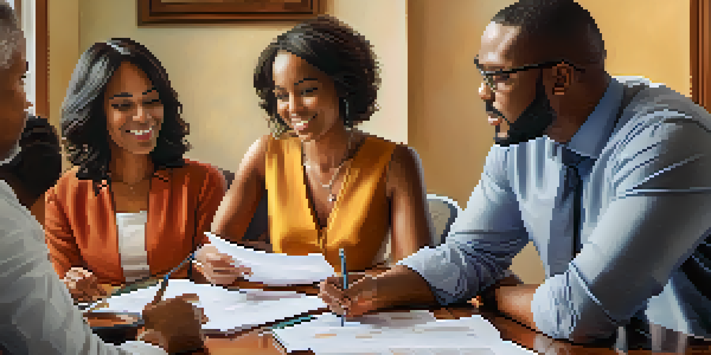 A diverse group of people in a bright room discussing financial documents during a credit counseling session.