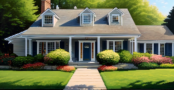 A bright and inviting spring day with a well-kept home surrounded by blooming flowers and a clear garden.