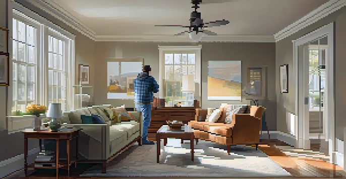 A cozy living room with old and new furniture, a contractor measuring walls, and a homeowner discussing renovation plans with a designer.