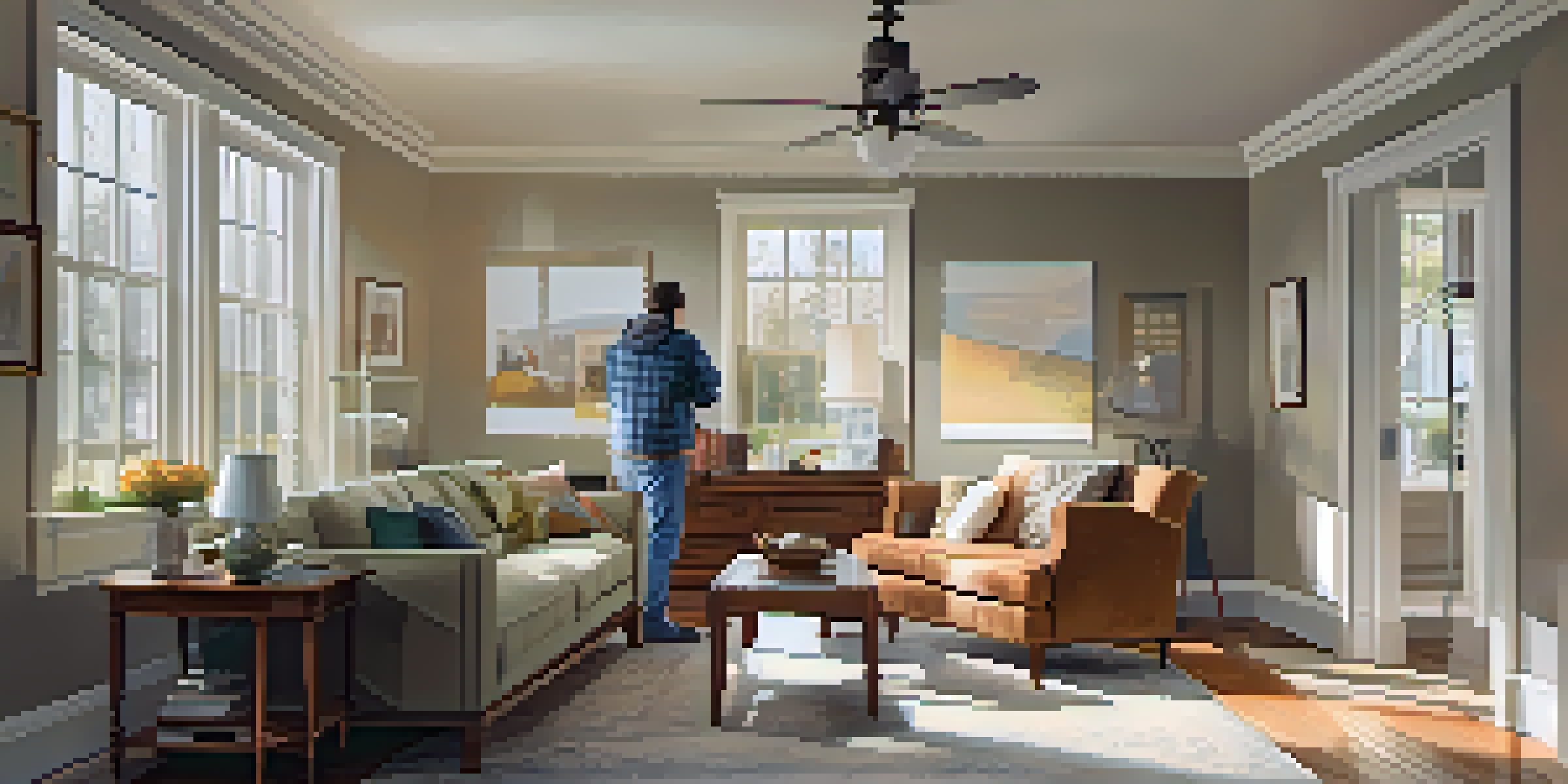 A cozy living room with old and new furniture, a contractor measuring walls, and a homeowner discussing renovation plans with a designer.