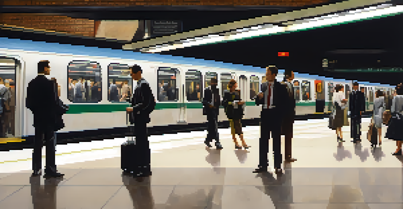 A busy subway station with commuters waiting for trains, illuminated by bright lights.