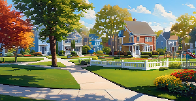 A peaceful suburban neighborhood showcasing a park with colorful flowers and a playground under a sunny sky.
