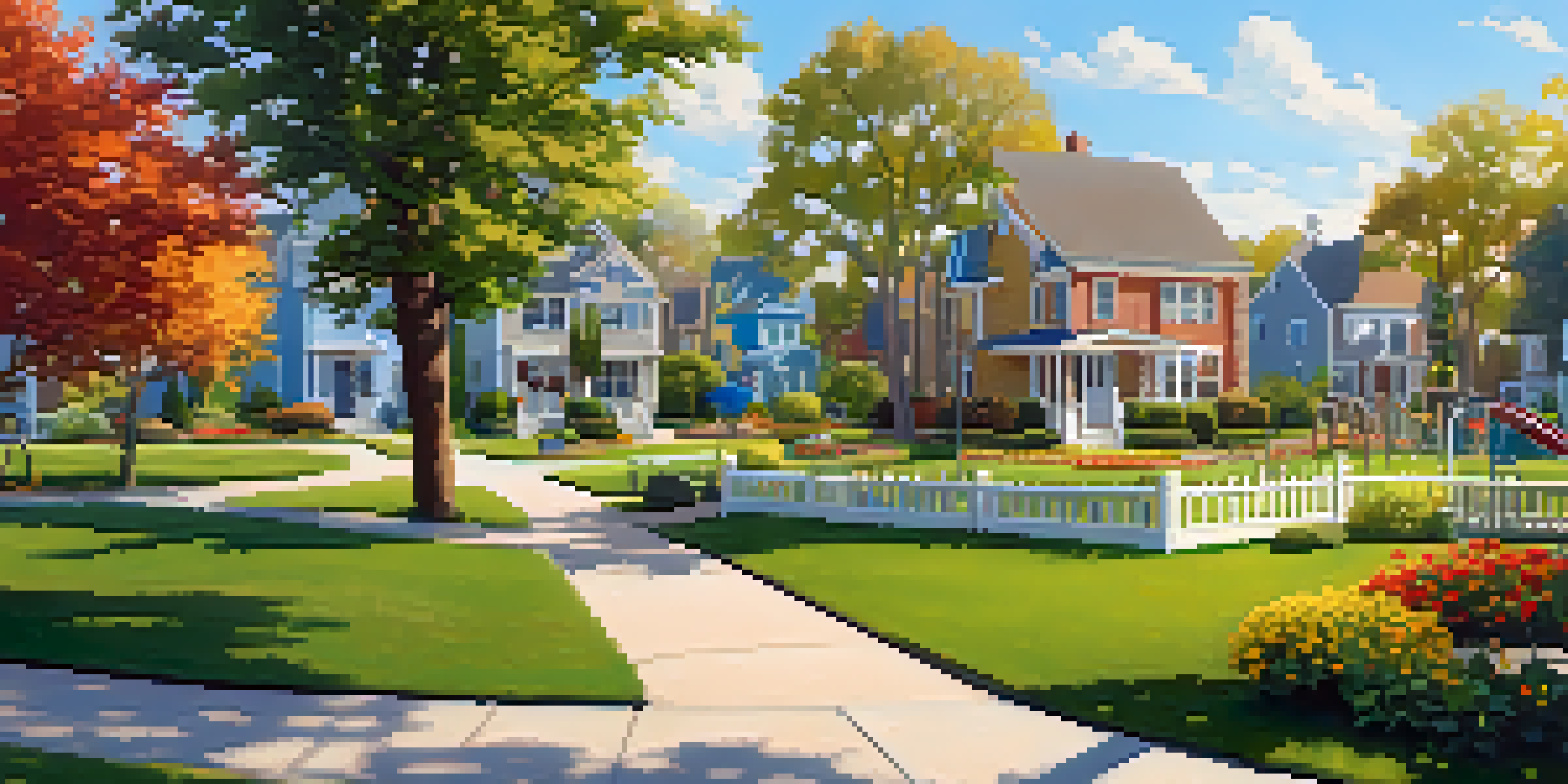 A peaceful suburban neighborhood showcasing a park with colorful flowers and a playground under a sunny sky.