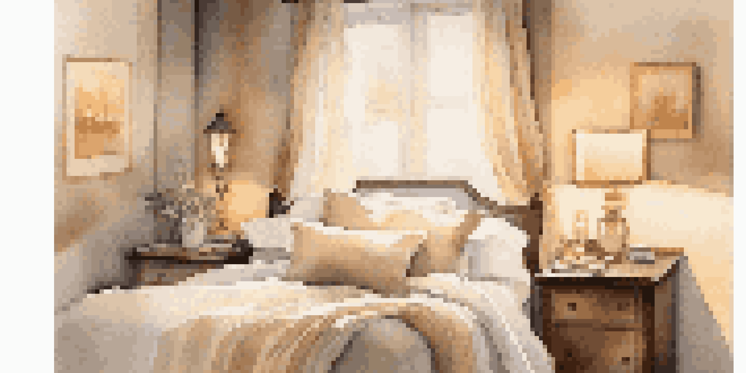 A warm and inviting bedroom with soft lighting, neutral bedding, and natural light filtering through sheer curtains.