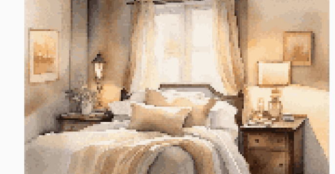 A warm and inviting bedroom with soft lighting, neutral bedding, and natural light filtering through sheer curtains.