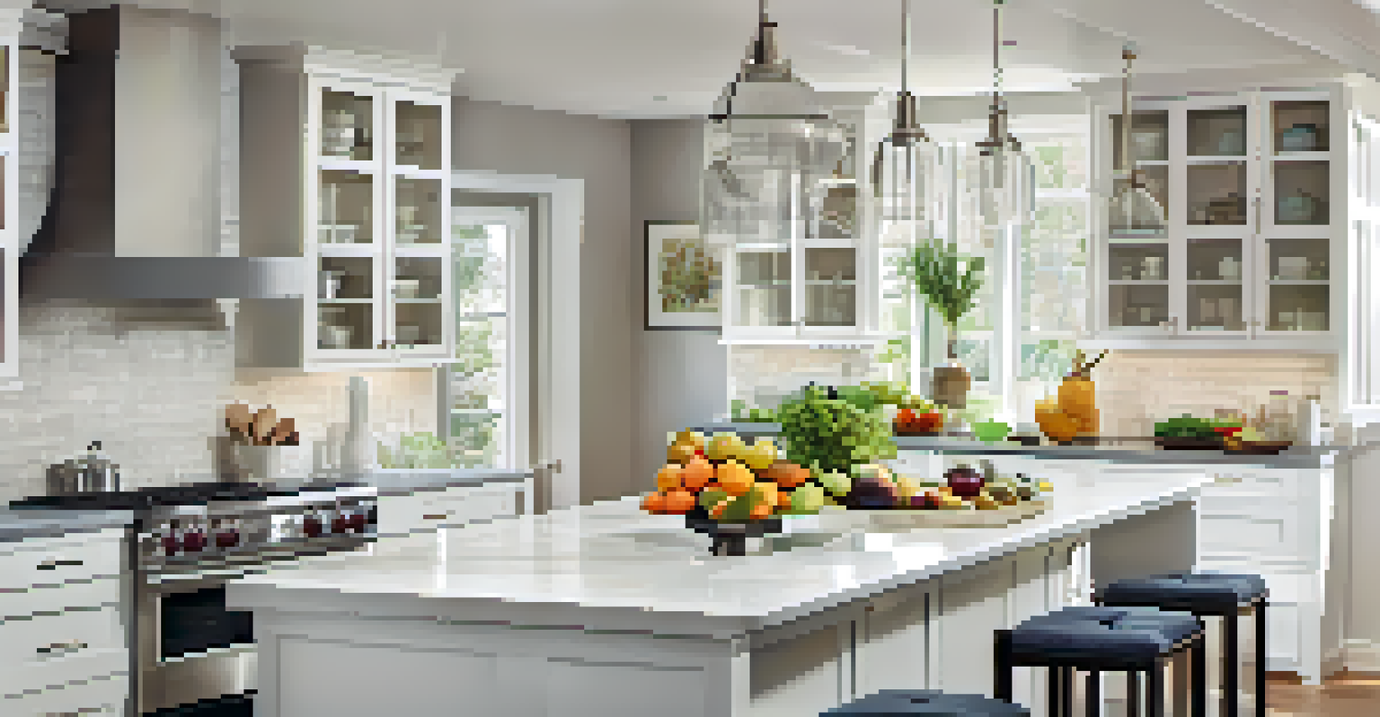 A modern kitchen with white cabinets, a central island, stainless steel appliances, fresh fruits on the countertop, and bright overhead lighting.