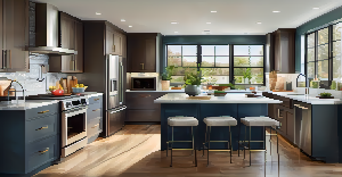 A modern kitchen with bright natural light, sleek countertops, and modern appliances, showcasing a spacious layout.