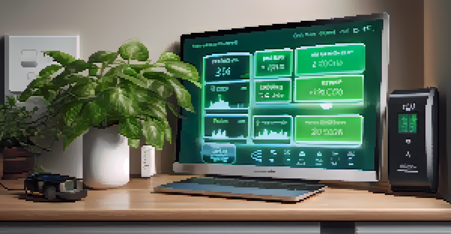 Close-up of a smart power strip displaying energy monitoring stats, surrounded by devices like a laptop and phone charger with a green plant in the background.