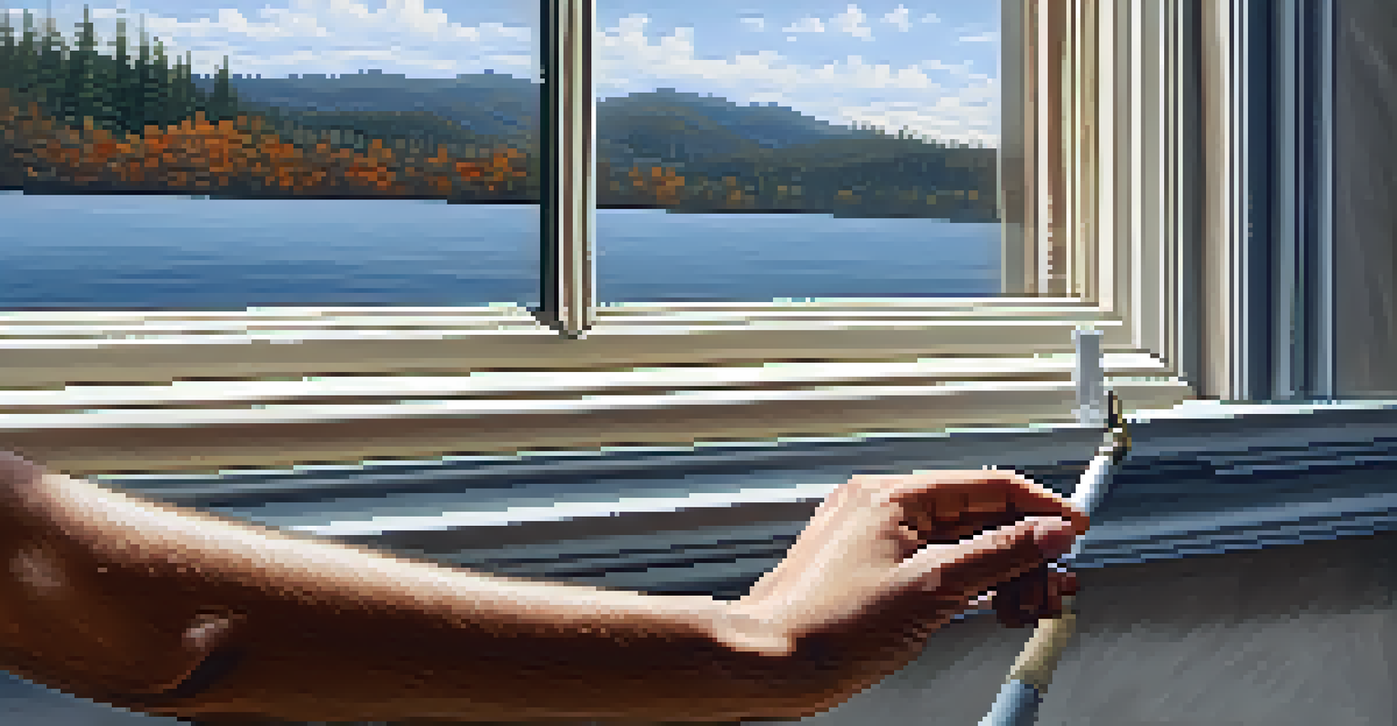 Close-up of hands applying caulk to seal a window, emphasizing the texture and detail involved in home maintenance.
