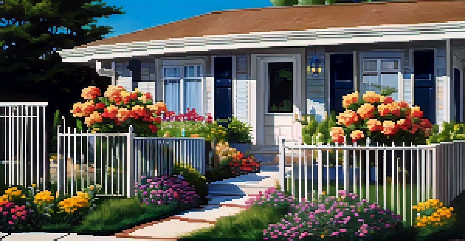 A modern property with a 'For Sale' sign, surrounded by flowers and under a clear blue sky during golden hour.