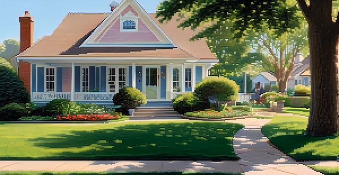 A suburban home with a garden and a 'For Sale' sign, with a family discussing in front.