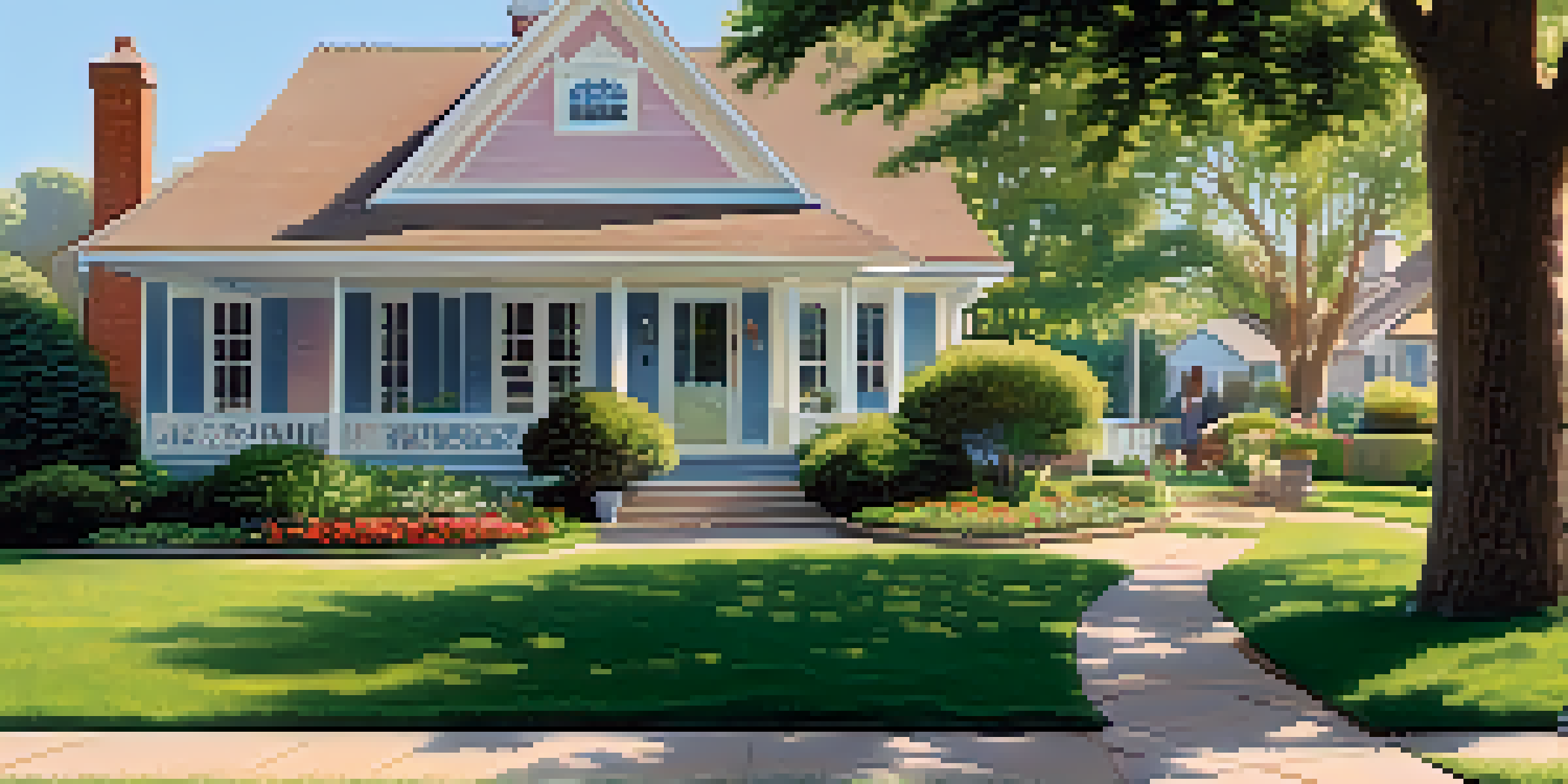 A suburban home with a garden and a 'For Sale' sign, with a family discussing in front.