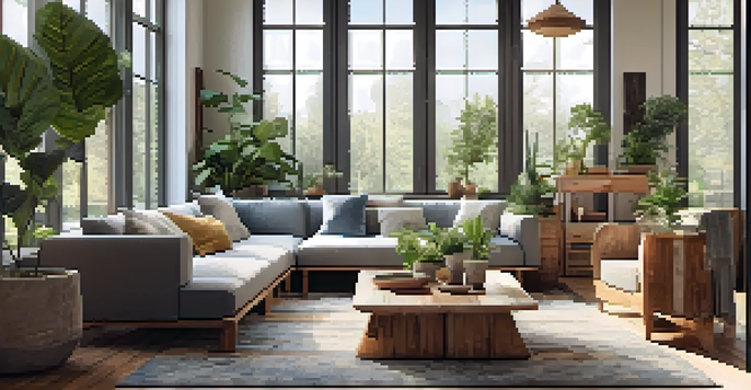 A bright living room with sustainable furniture made from reclaimed wood and organic fabrics, featuring potted plants and a cozy area rug.
