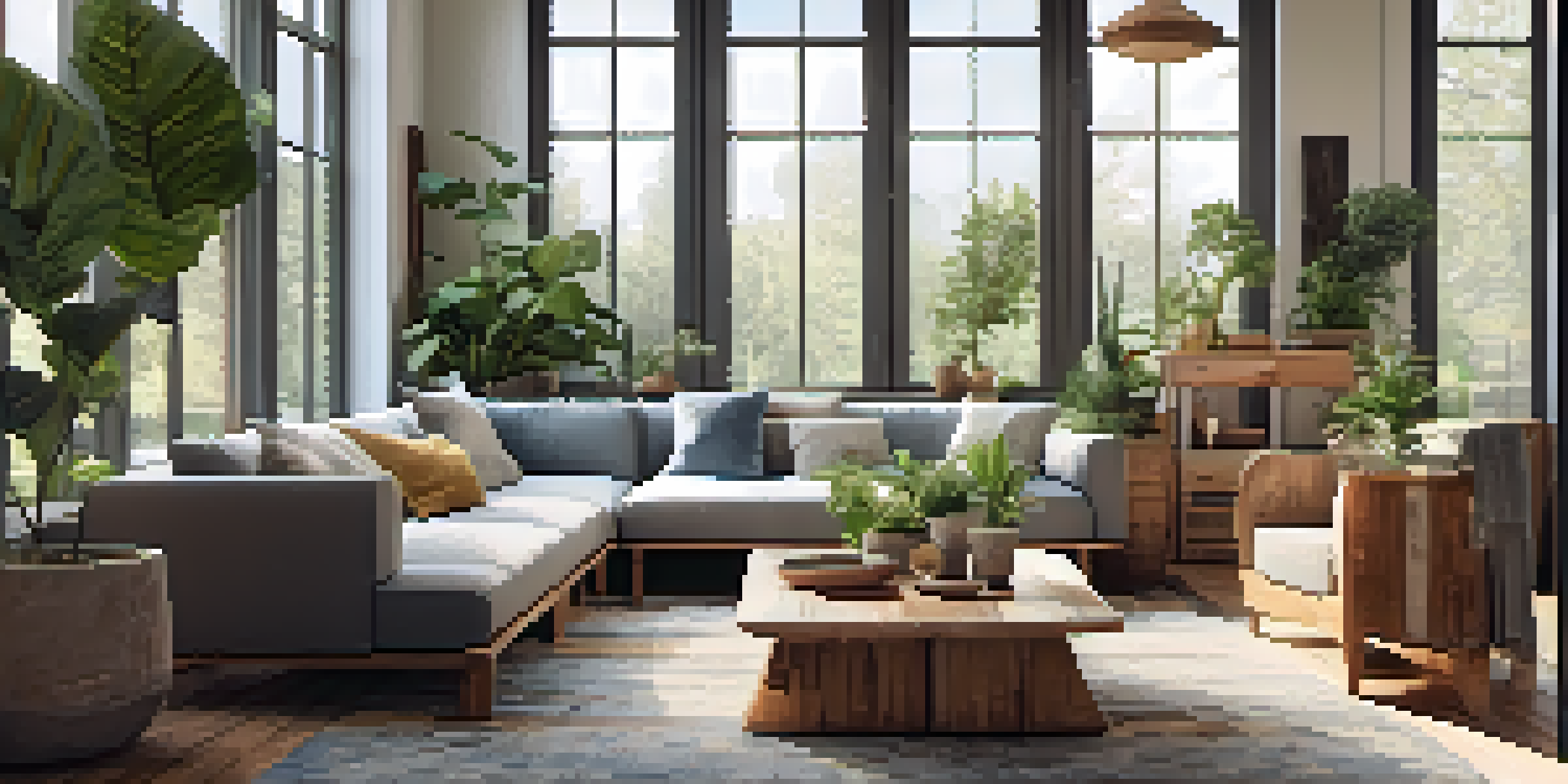 A bright living room with sustainable furniture made from reclaimed wood and organic fabrics, featuring potted plants and a cozy area rug.