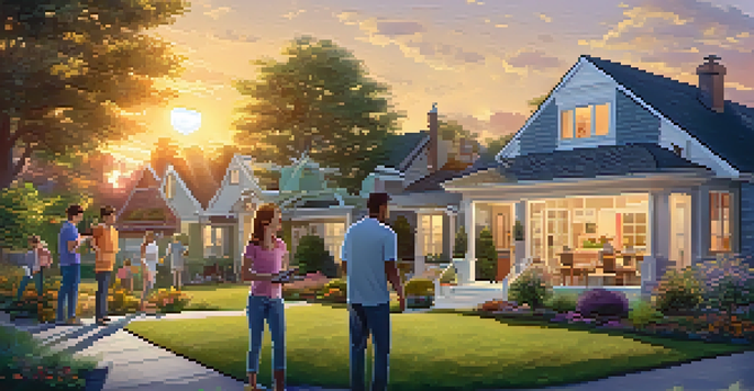 A family working in a smart garden with a tablet while neighbors engage nearby, surrounded by smart home technologies in a warm sunset light.