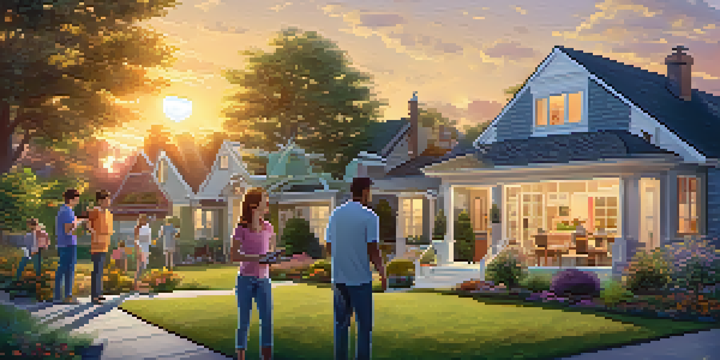 A family working in a smart garden with a tablet while neighbors engage nearby, surrounded by smart home technologies in a warm sunset light.