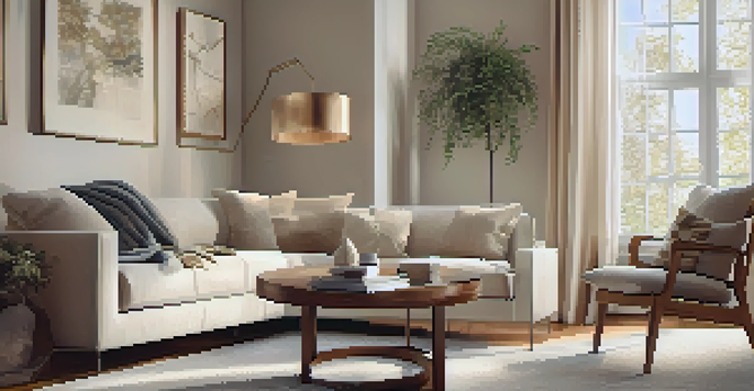 A cozy living room designed with neutral colors and layered textures, featuring a leather sofa and a warm ambiance.
