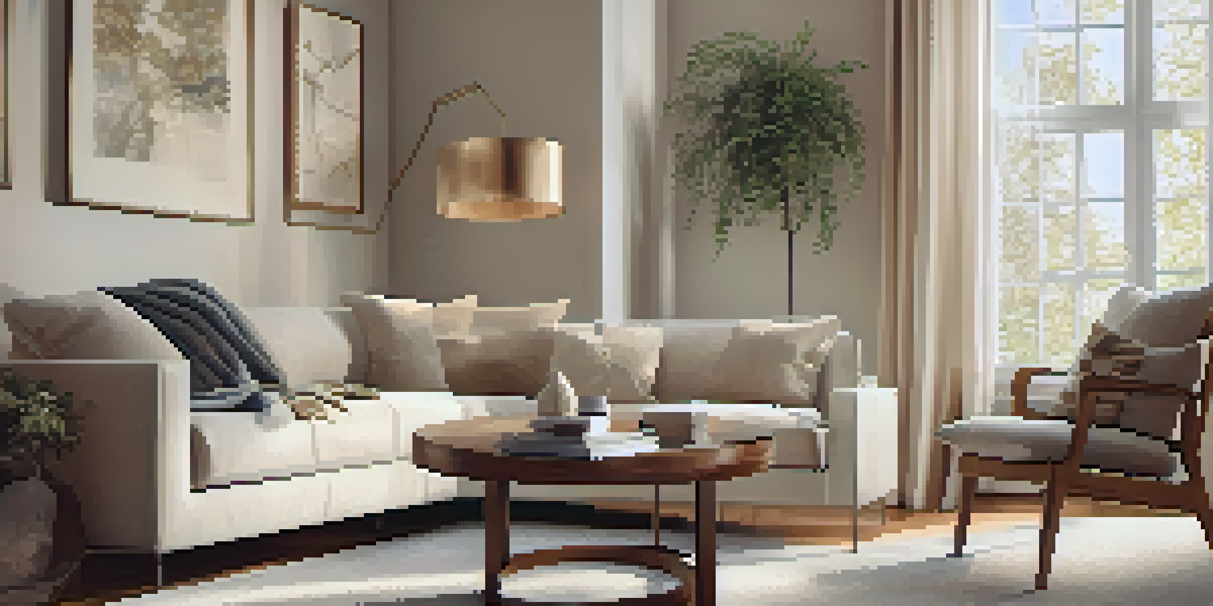 A cozy living room designed with neutral colors and layered textures, featuring a leather sofa and a warm ambiance.