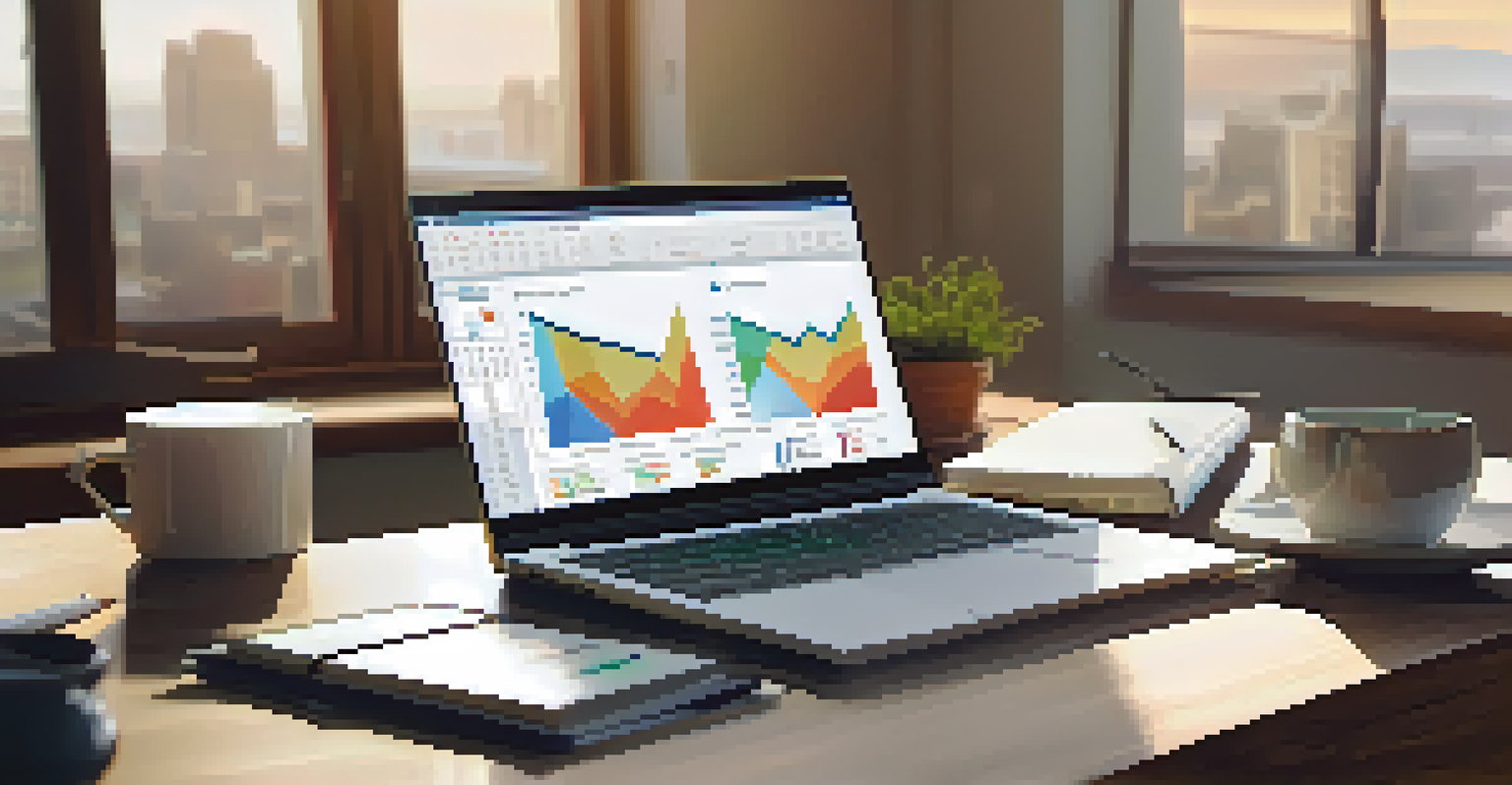 Close-up of a real estate professional working on a laptop with market data, surrounded by a notepad and coffee cup in a well-lit office.