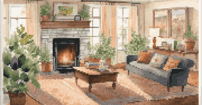 A cozy living room featuring a fireplace, comfortable furniture, and bright sunlight coming through the windows.