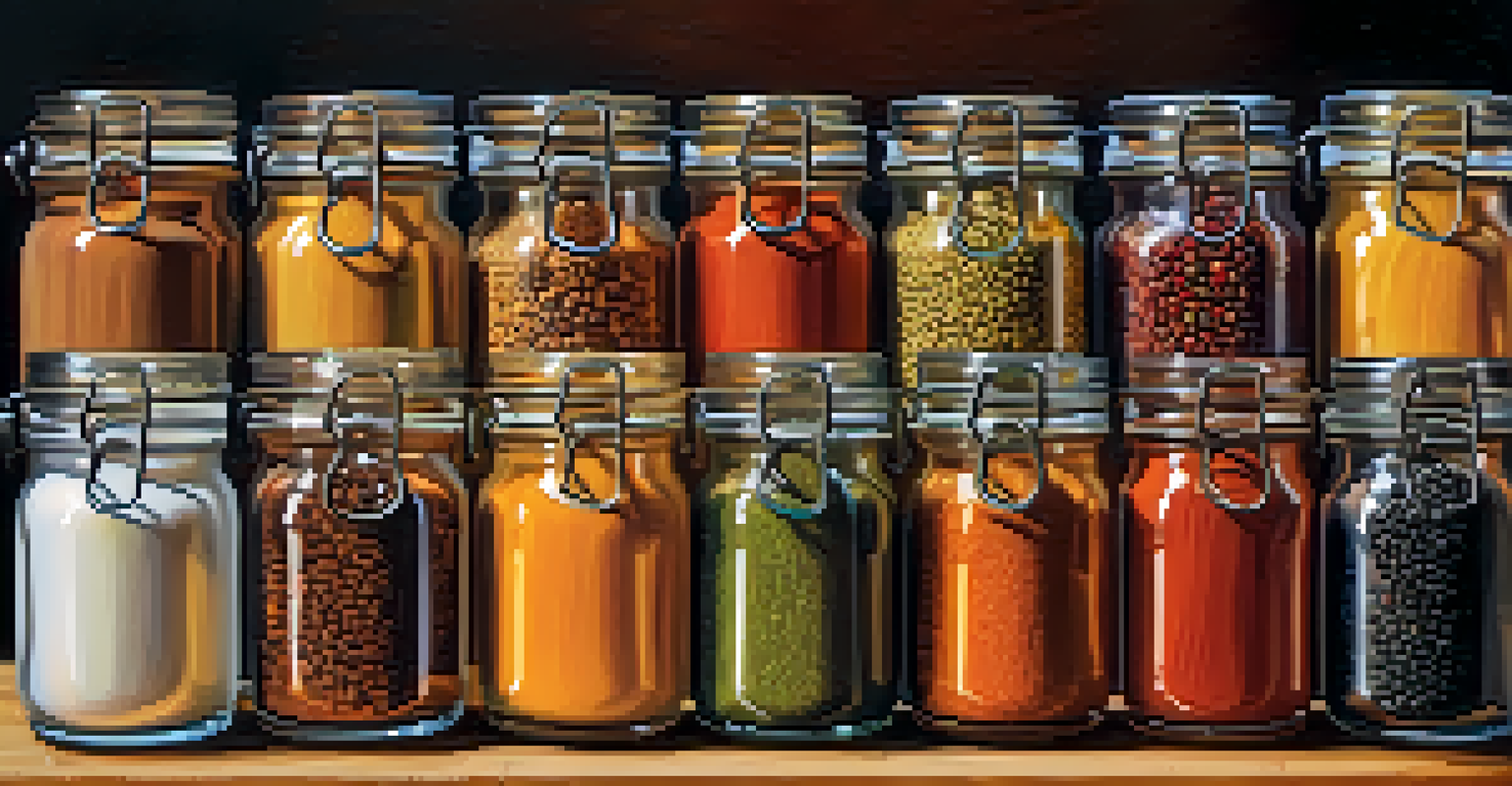 A collection of colorful spices in glass jars on a wooden surface, showcasing their vibrant colors and textures.