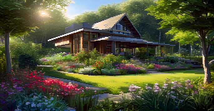 A peaceful eco-friendly home surrounded by green plants and a vegetable garden, with sunlight filtering through trees.