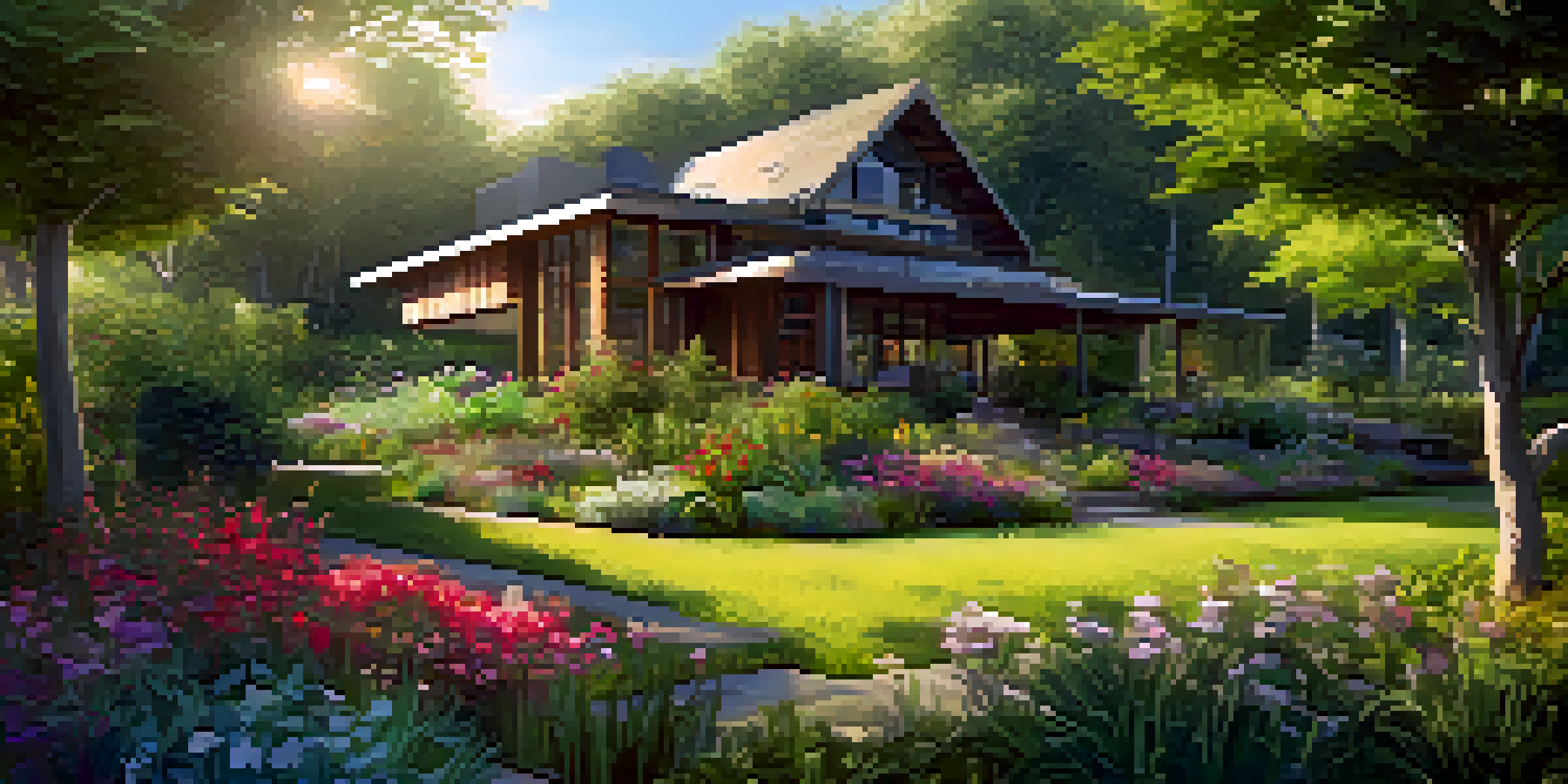 A peaceful eco-friendly home surrounded by green plants and a vegetable garden, with sunlight filtering through trees.