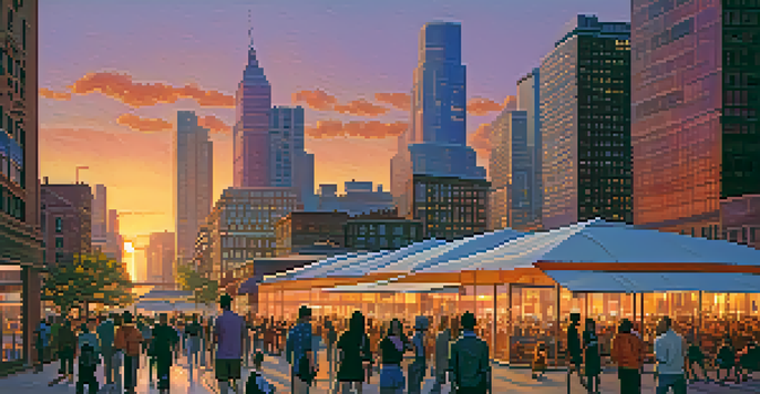 A city skyline during sunset with a mix of modern and historic buildings, vibrant sky colors, and people in a public square.
