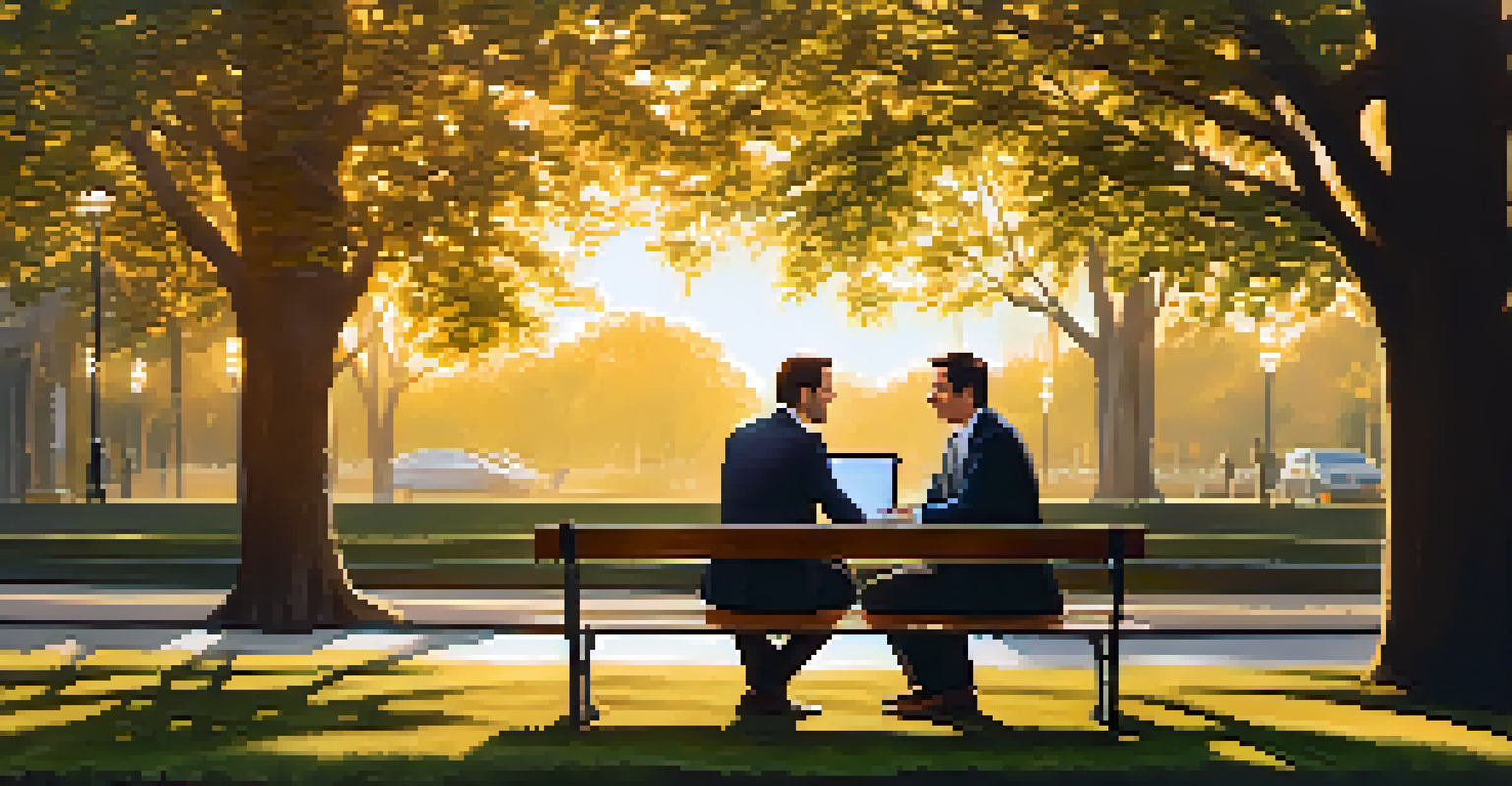 Two business partners having a meeting in a park during sunset, with a laptop on a bench.