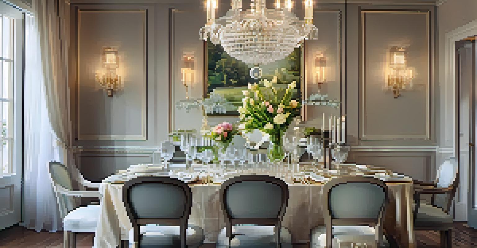 An elegant dining room with a polished table set for a meal, featuring fine china and a chandelier.