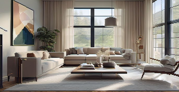 A bright, modern living room with LED lights, smart home devices, and comfortable furniture.