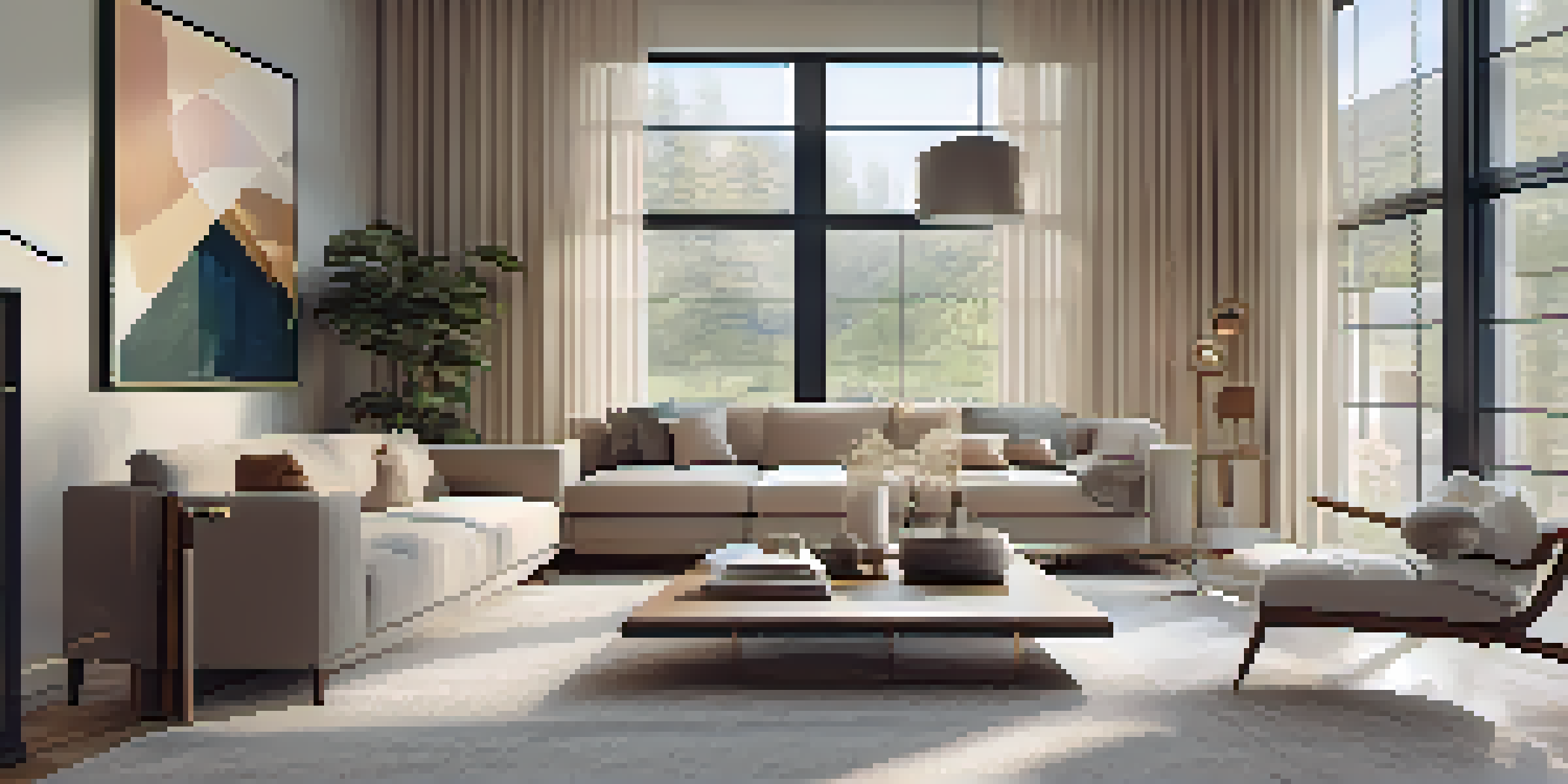 A bright, modern living room with LED lights, smart home devices, and comfortable furniture.