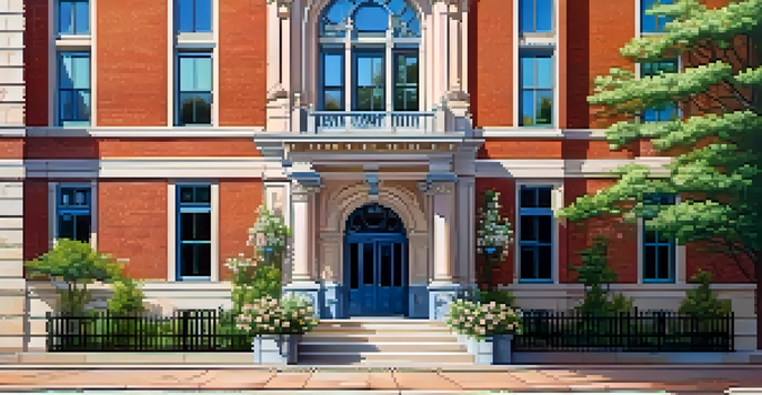A historic building showcasing detailed brickwork and architecture, surrounded by vibrant flowers and greenery under a sunny sky.